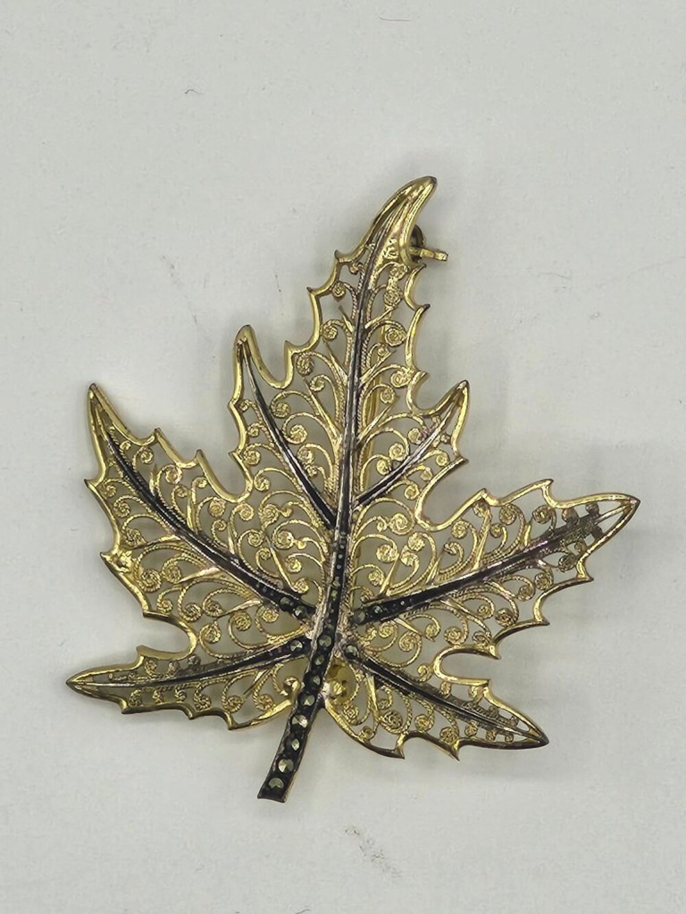 Vintage Alice Caviness Maple Leaf Gold Wash Sterling Filigree Brooch Pin